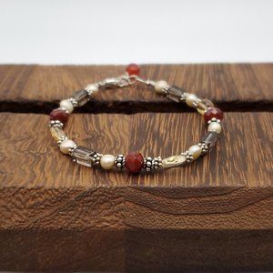 8 Inch 925 Sterling Silver Pearls With Citrine And Quartz Stones Bracelet